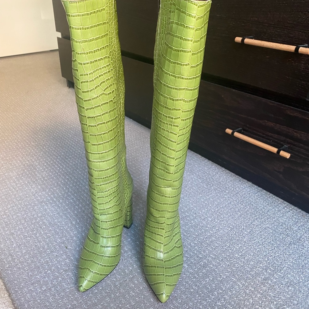 Paris Texas knee high crocodile leather neon like green boots block heel
